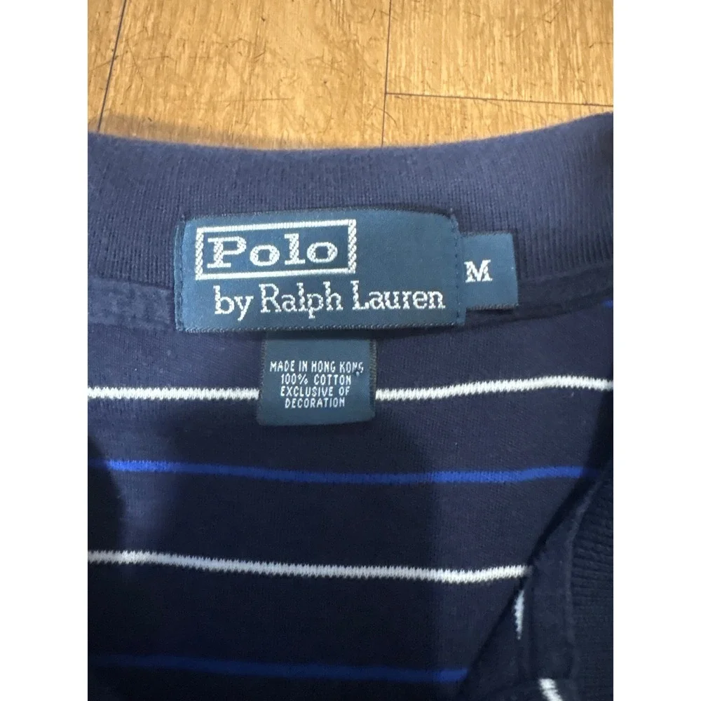 Polo Ralph Lauren Mens Medium Navy Blue Striped Short Sleeve Polo Shirt Cotton